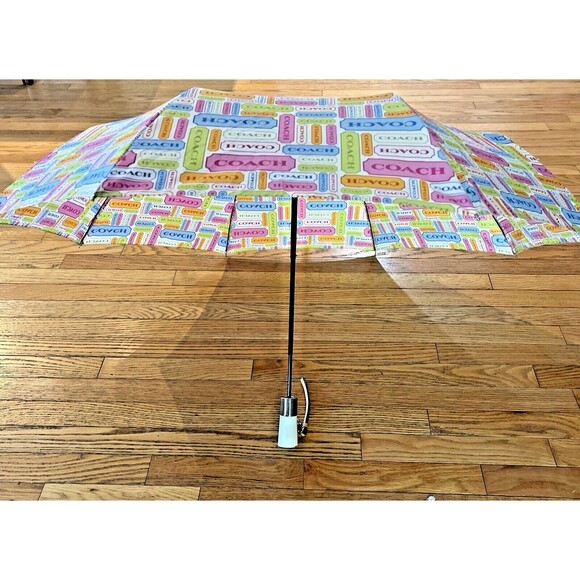 Rare COACH umbrella pink monogram Lozenge Vintage Rainbow Signature push button - Picture 1 of 6